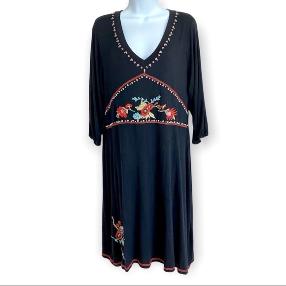 Urban Mango Black Embroidered Boho V-neck Cotton Dress Medium Cottagecore Floral - Picture 1 of 12